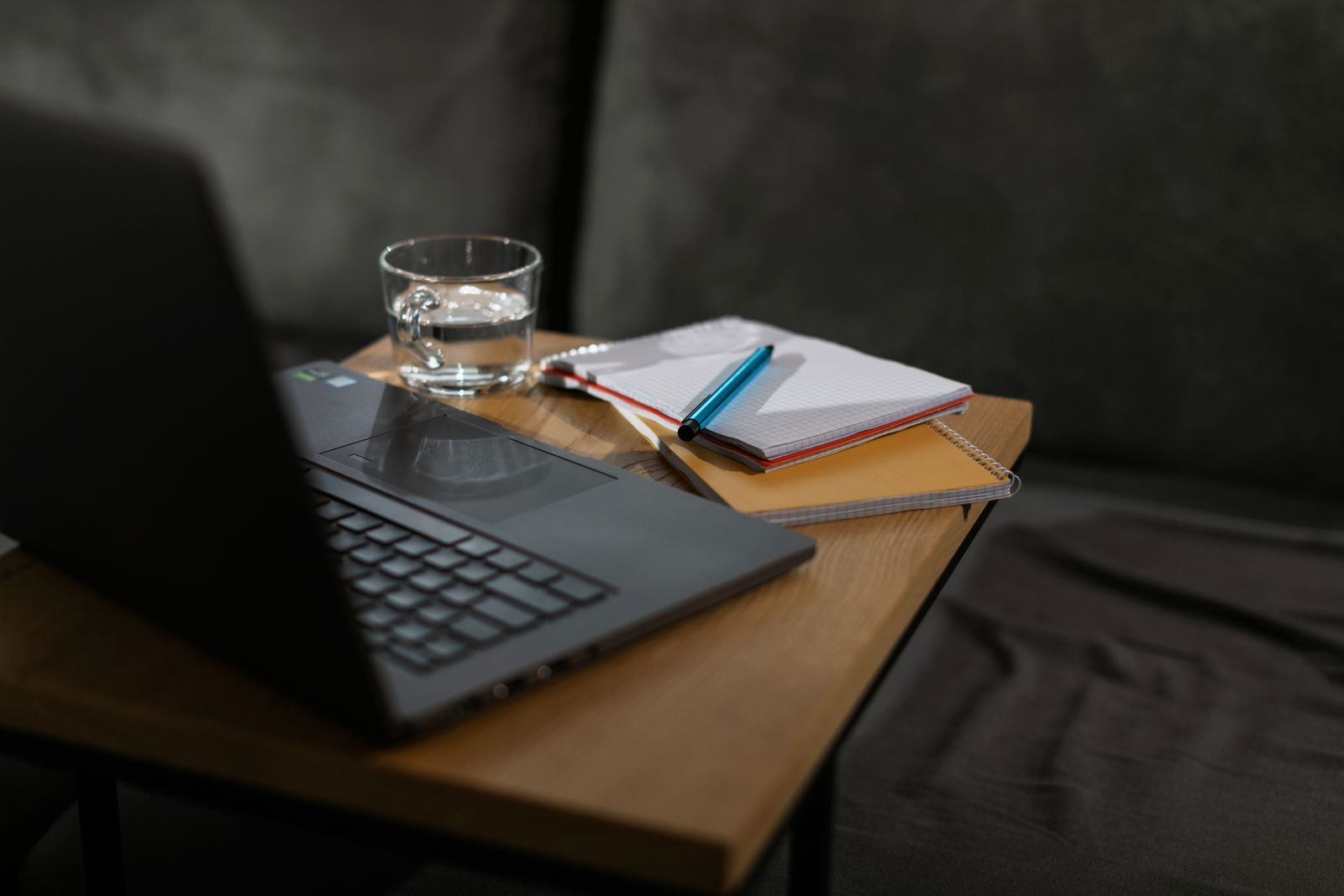 Grant writer drafting a proposal on a laptop at a warm office desk.